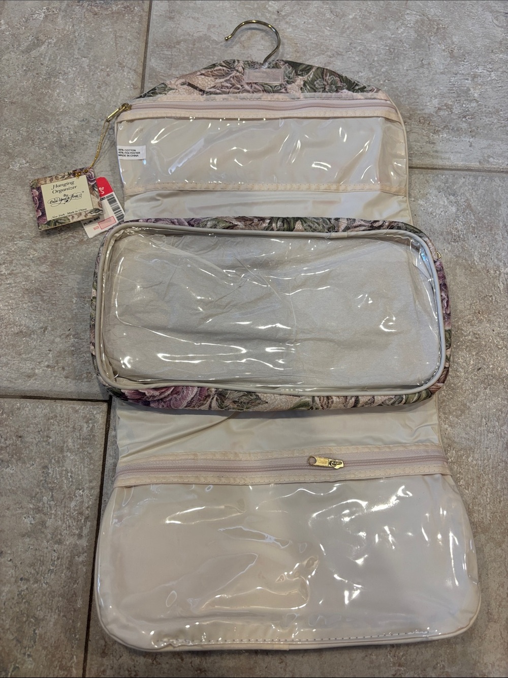 Floral Trim Hanging Cosmetic Bag - Cream with Purple Accents